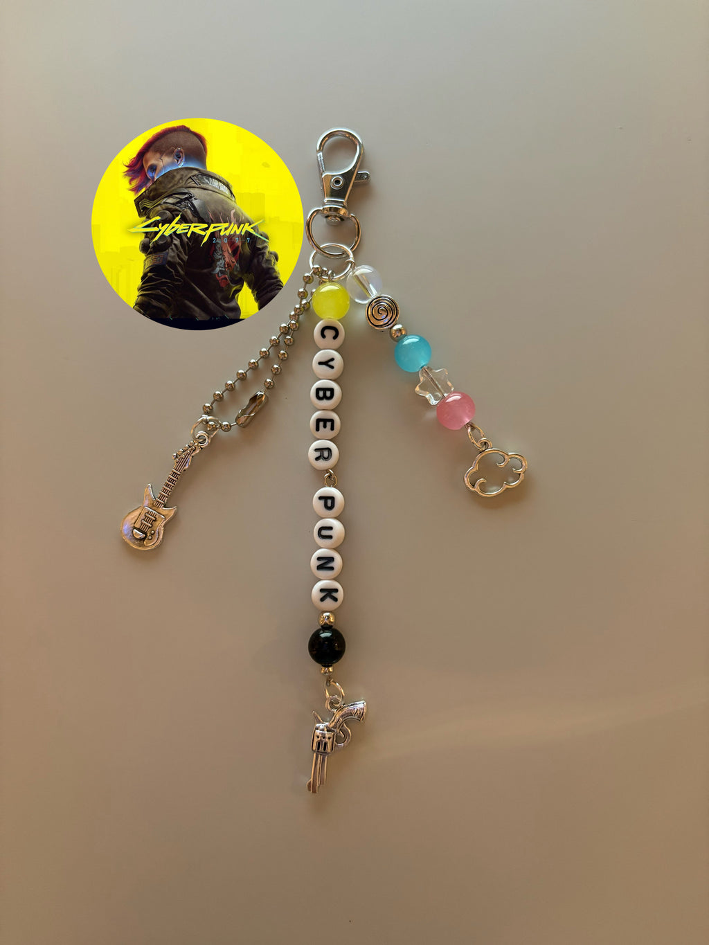 Cyberpunk video game 2077 inspired handmade beaded and charmed keychain