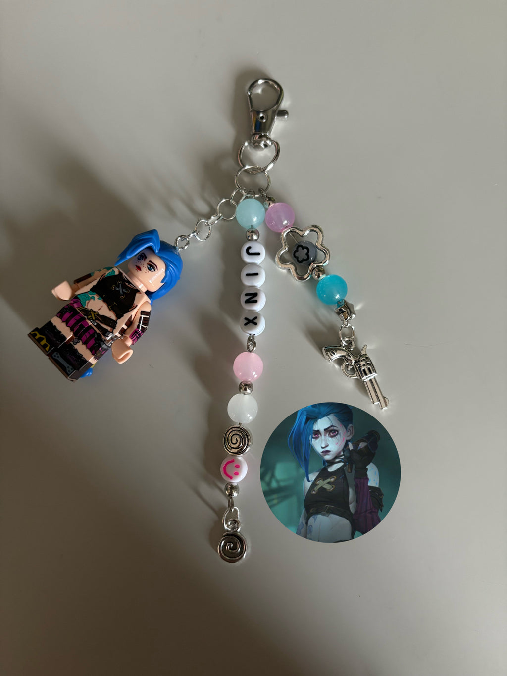 Jinx inspired handmade minifigure keychain