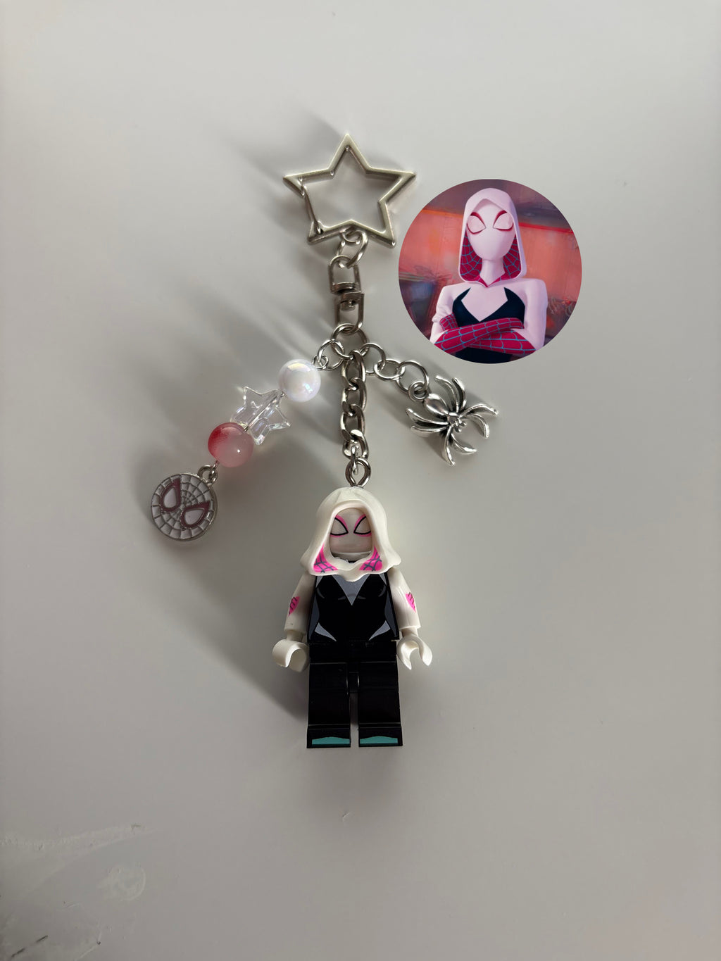 Spider gwen ghost spider inspired minimalist, smaller handmade minifigure keychain