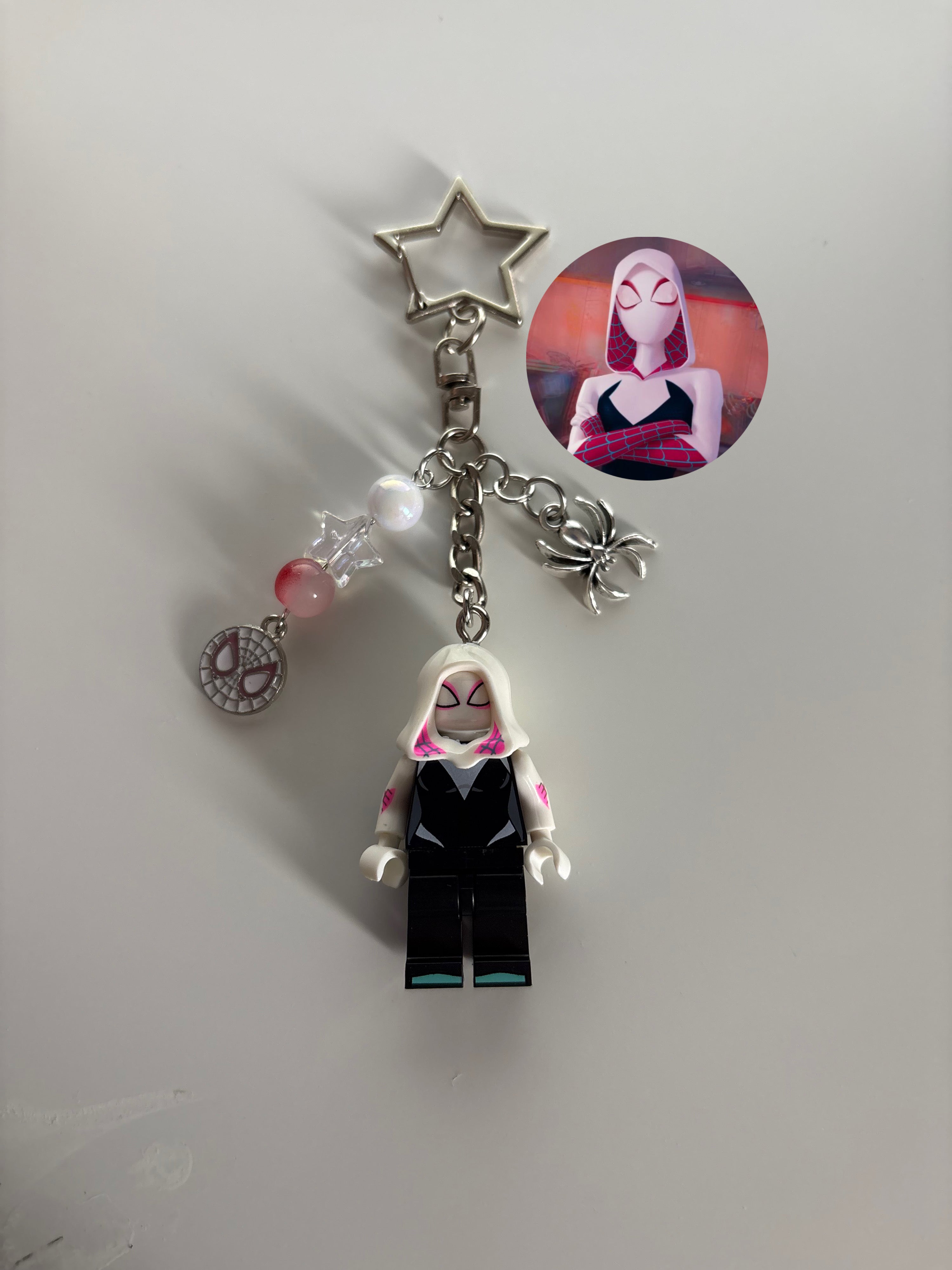 Spider gwen ghost spider inspired minimalist, smaller handmade minifigure keychain