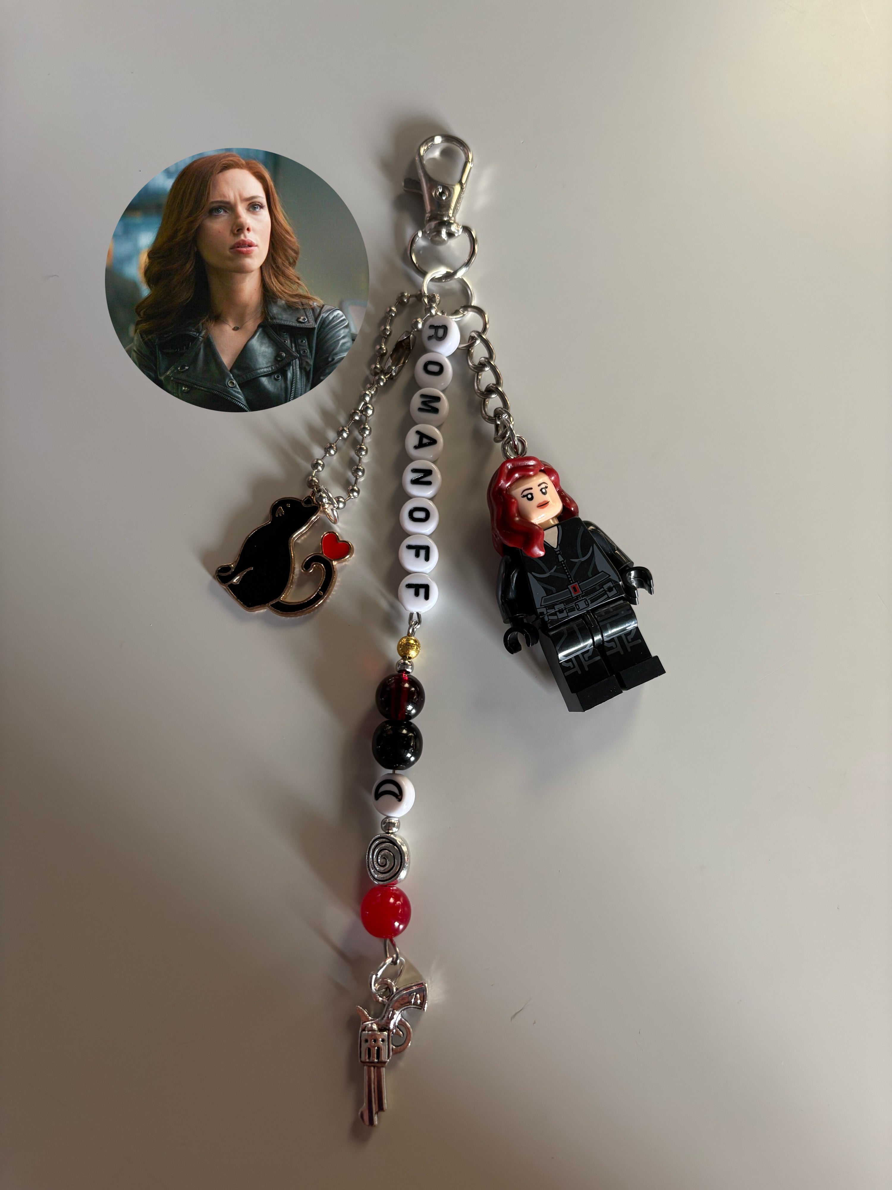 Natasha Romanoff Black Widow inspired handmade Lego keychain