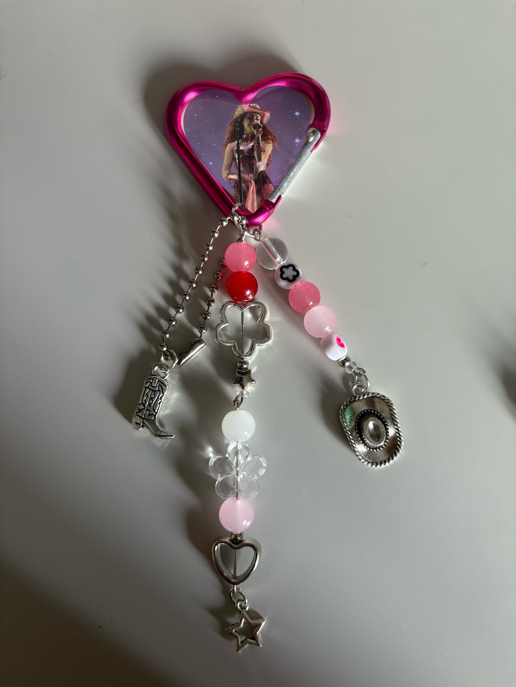 Pink and Red cowgirl music inspired handmade keychain carabiner