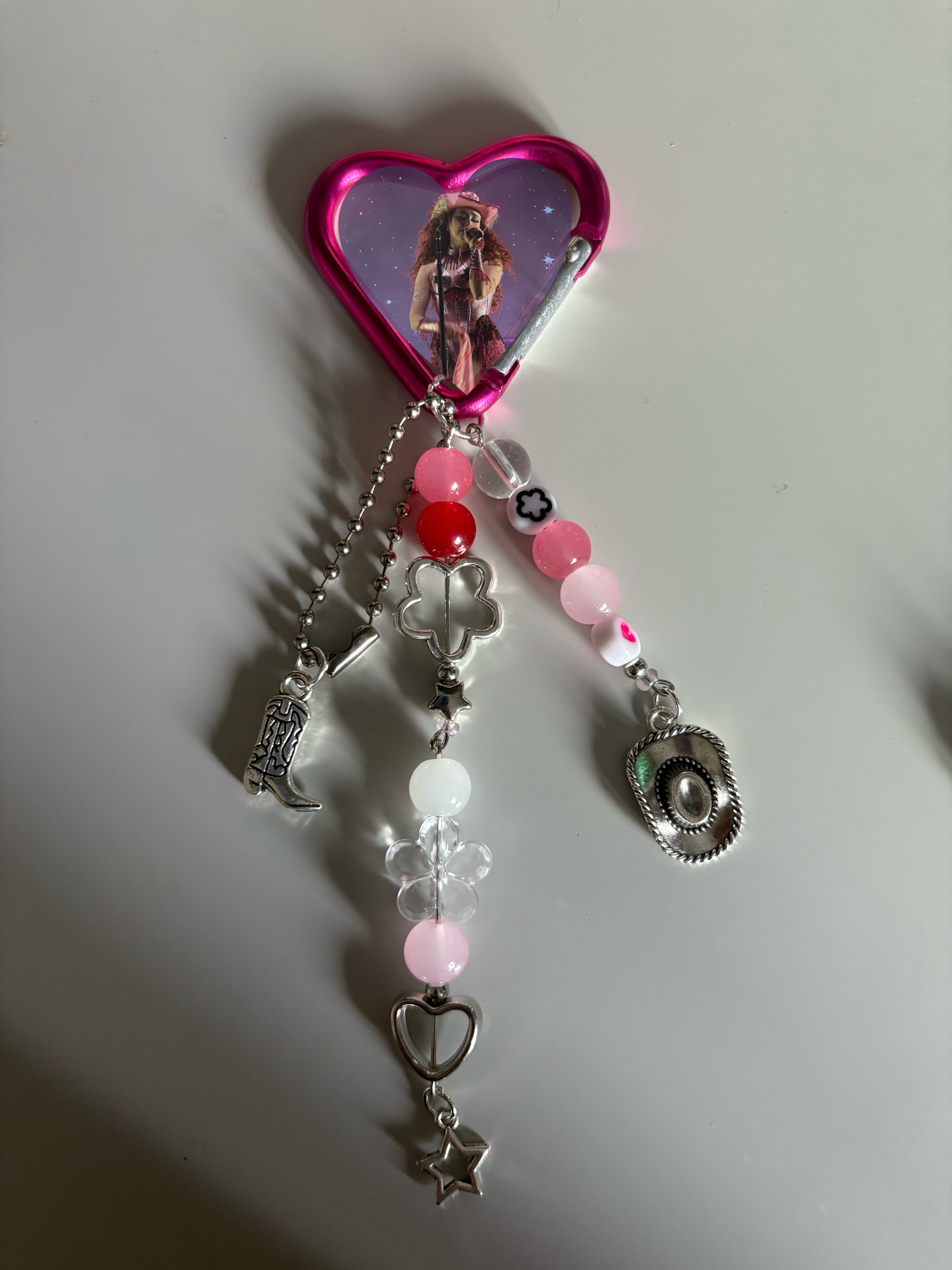 Pink and Red cowgirl music inspired handmade keychain carabiner