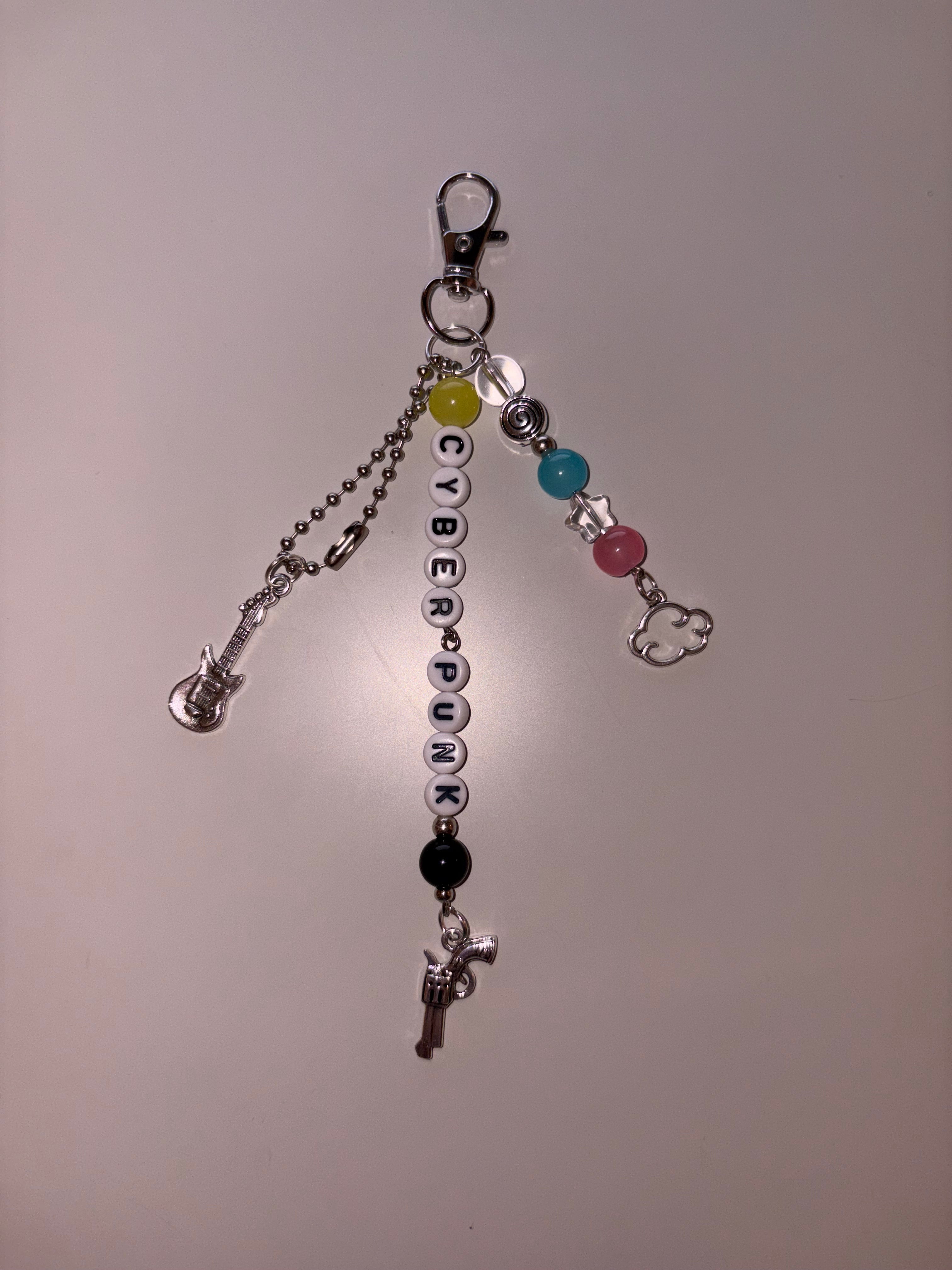 Cyberpunk video game 2077 inspired handmade beaded and charmed keychain