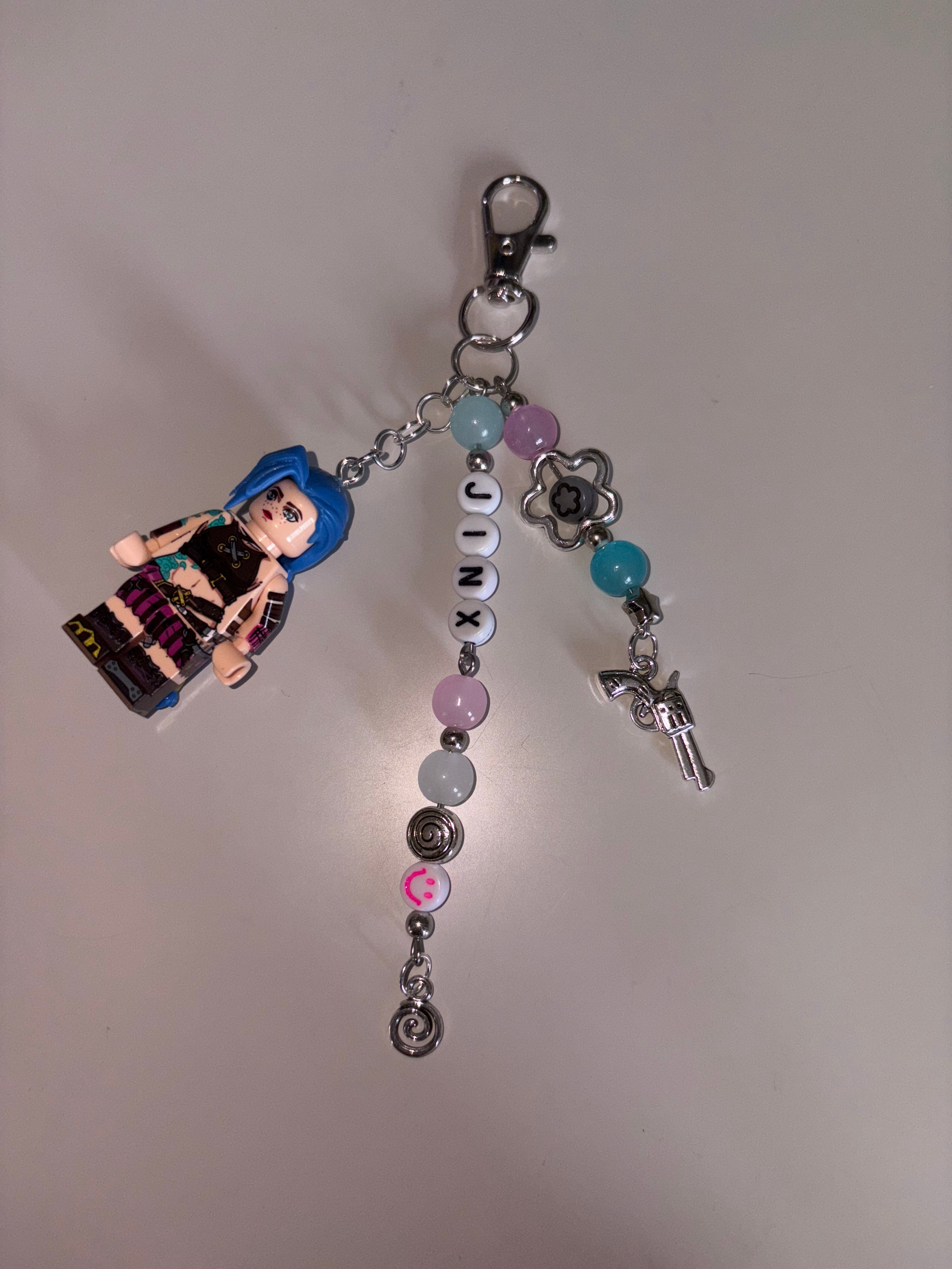 Jinx inspired handmade minifigure keychain