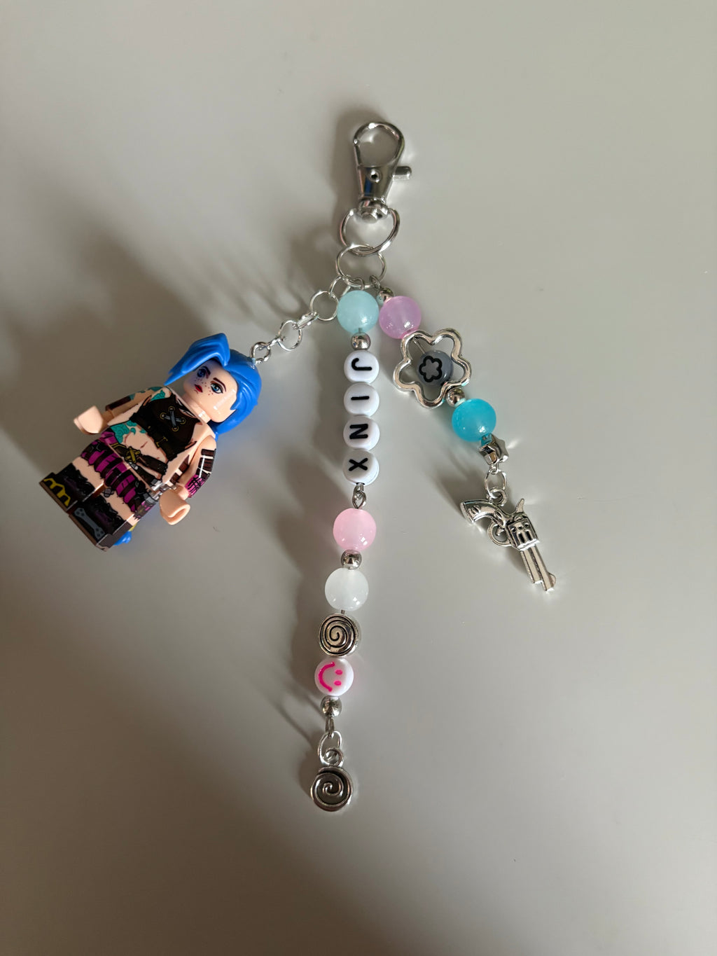 Jinx inspired handmade minifigure keychain