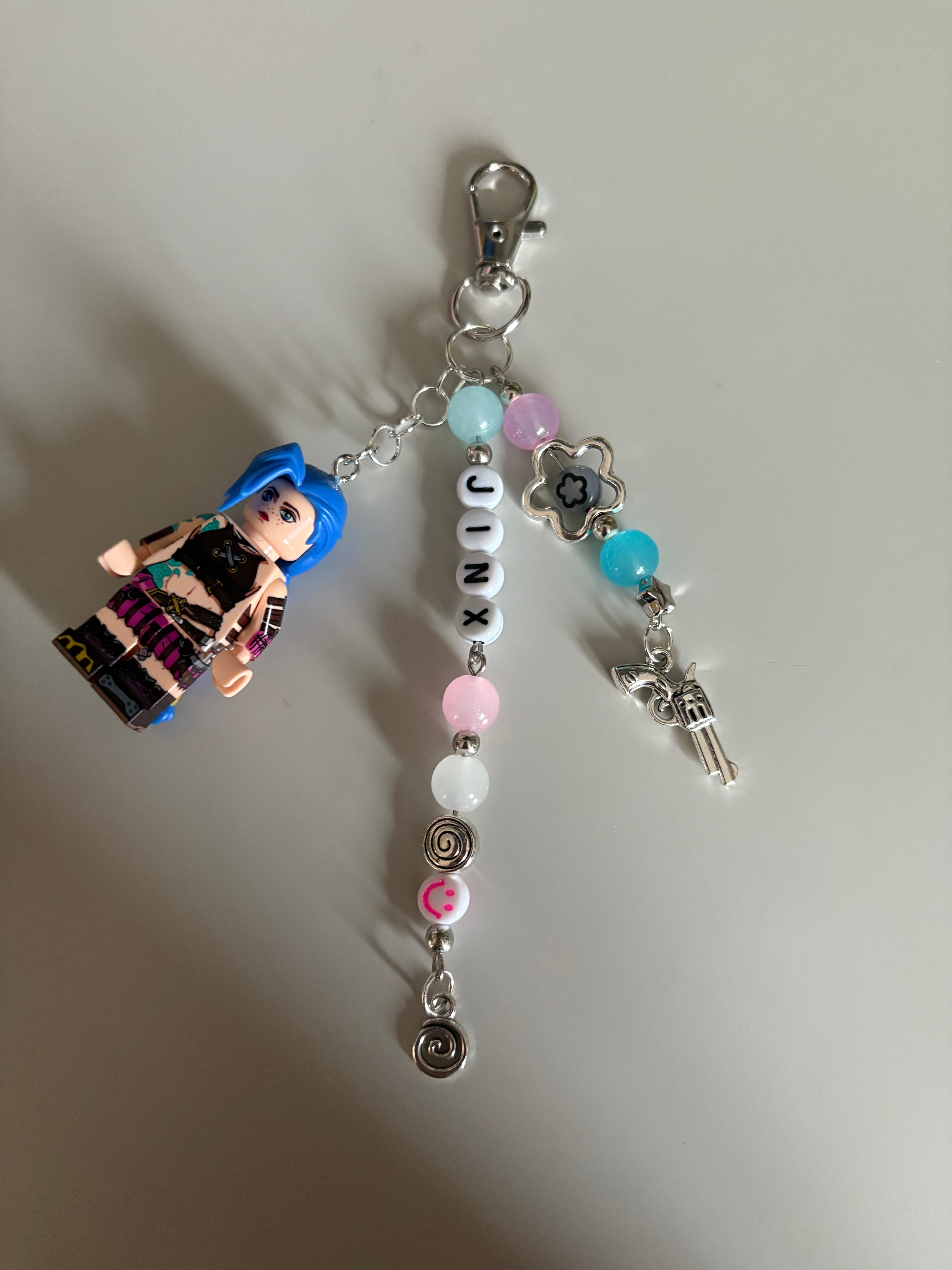 Jinx inspired handmade minifigure keychain